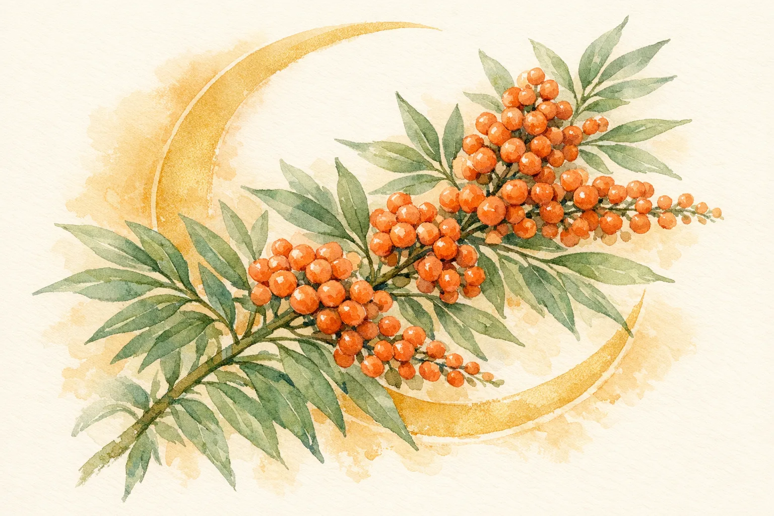 Botanical watercolor illustration of a vitex agnus-castus branch with chasteberries and leaves, with a soft gold arc suggesting hormonal cycle rhythm