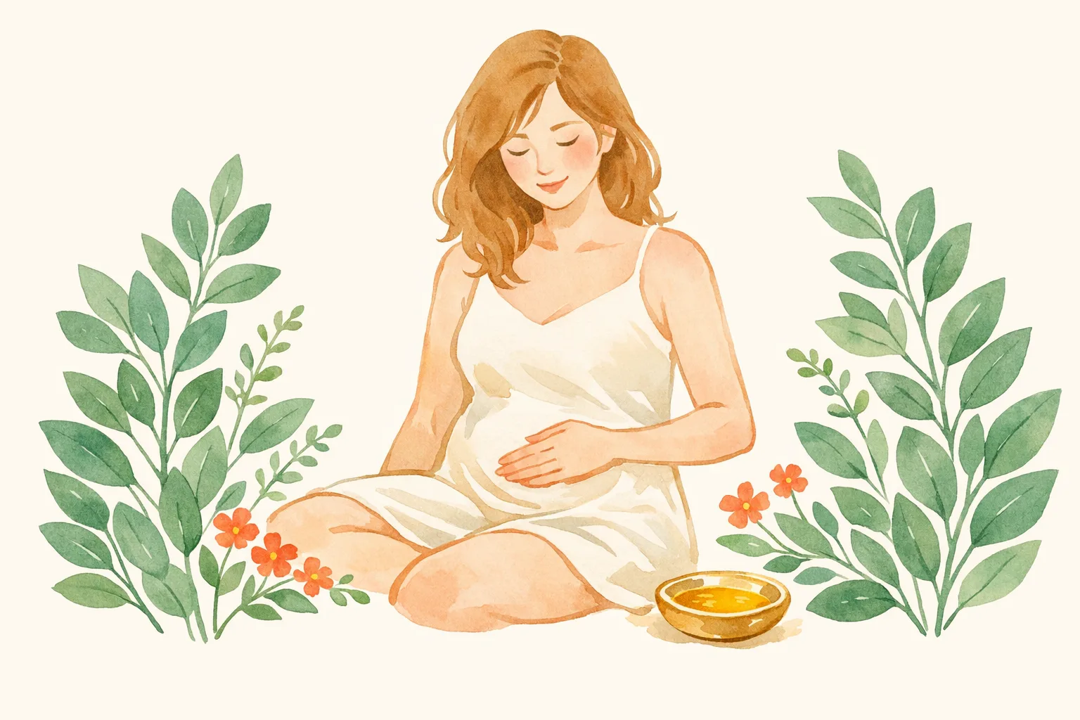 Soft watercolor illustration of a woman gently massaging her lower abdomen with warm sesame oil, surrounded by sage green botanical herbs and coral blossoms, representing daily Abhyanga self-massage practice