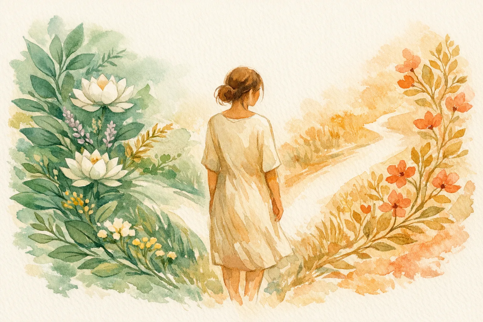 Watercolor illustration of a contemplative woman at a fork between two botanical paths symbolizing the choice between natural Ayurvedic fertility approaches and conventional treatment