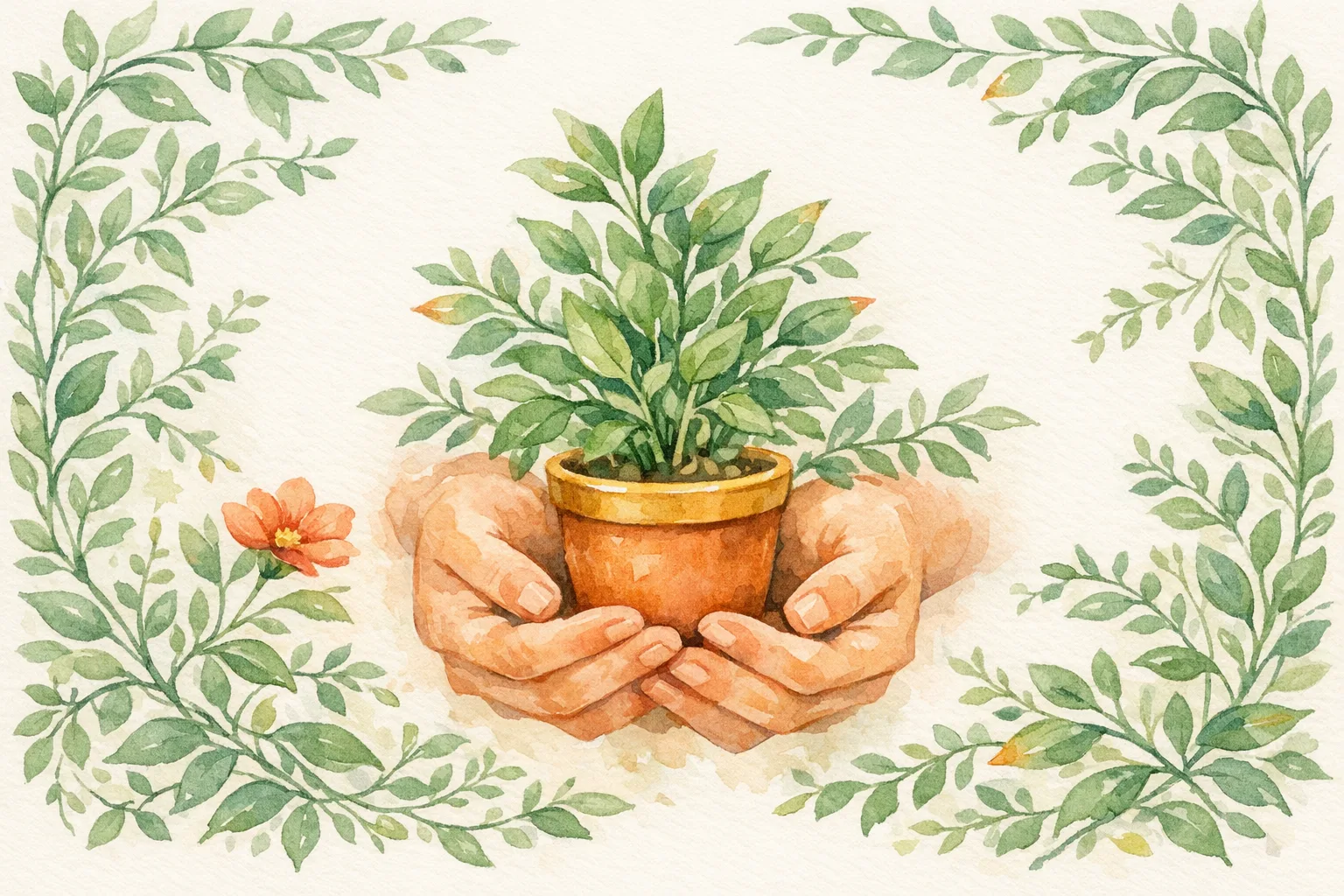 Watercolor illustration of gentle hands cradling a small potted herb plant surrounded by botanical leaves and a flower, representing hopeful personal steps toward natural fertility wellness