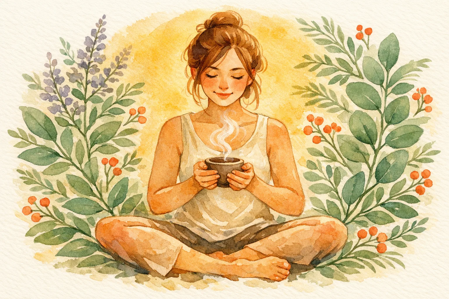 Watercolor illustration of a peaceful woman cradling a cup of herbal tea surrounded by lush botanical leaves and vitex branches, evoking calm and intentional natural fertility support