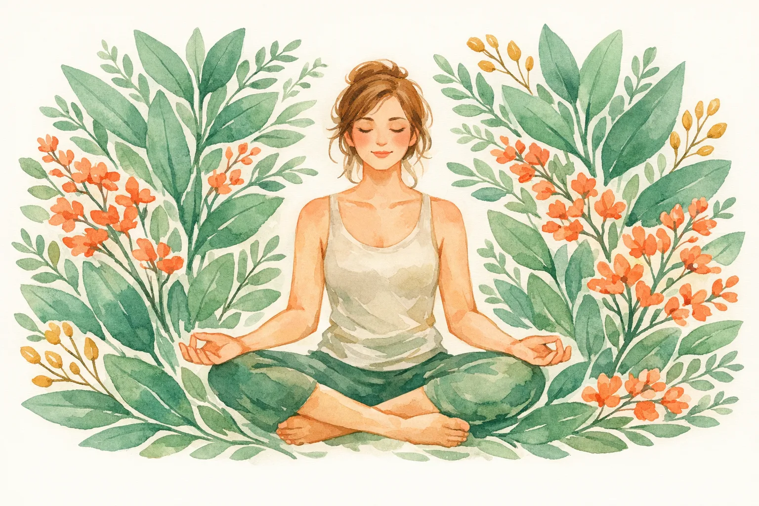 Watercolor illustration of a woman seated in a peaceful meditative pose surrounded by lush botanical herbs and flowers, representing the mind-body connection in fertility yoga research