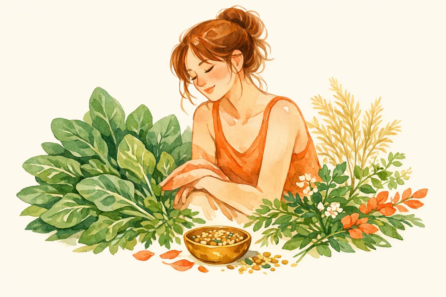 Watercolor illustration of a hopeful woman surrounded by leafy greens, seeds, and botanical herbs representing natural daily steps to support fertility