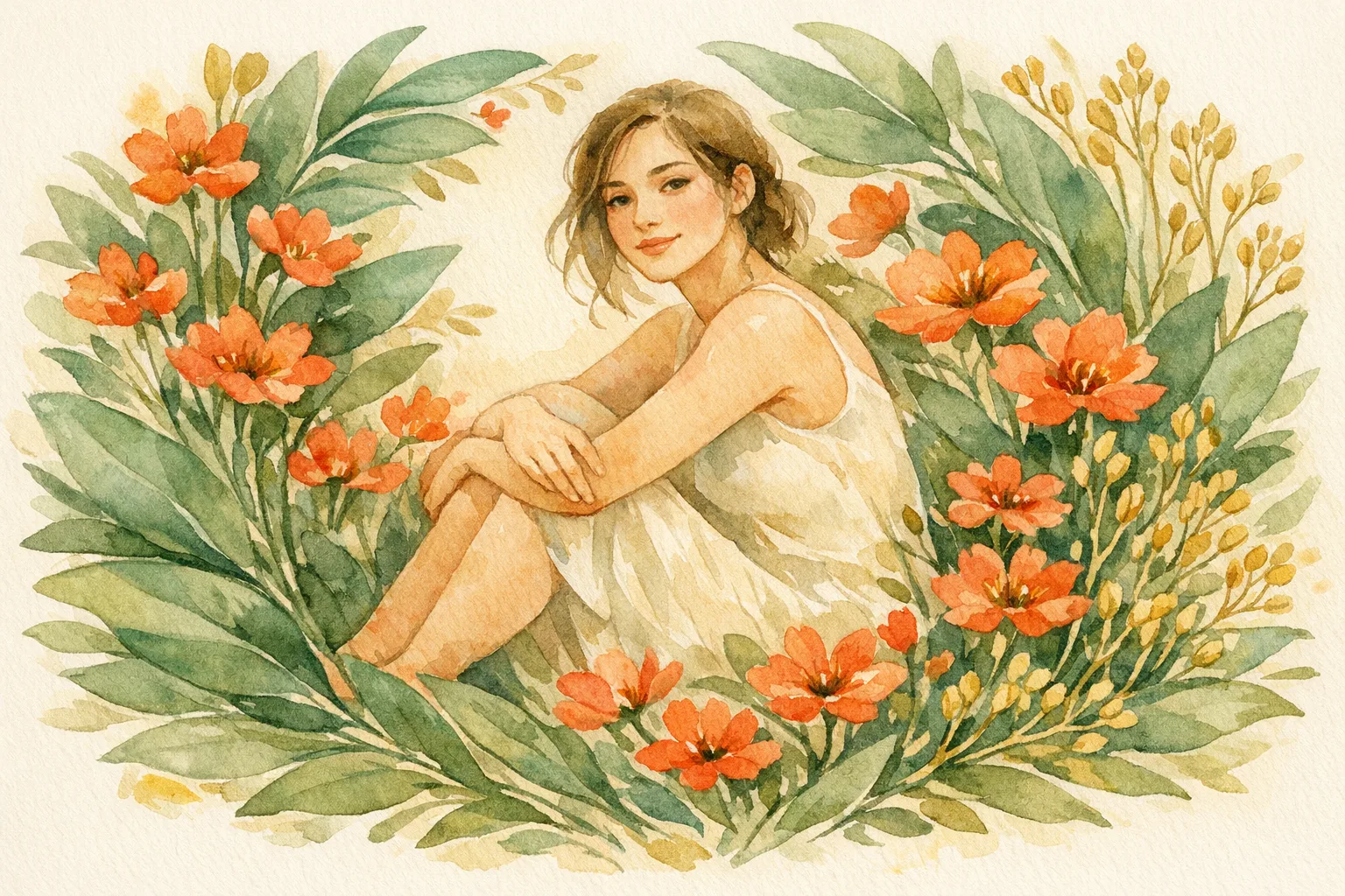 Watercolor illustration of a peacefully seated woman surrounded by lush sage green botanical leaves and coral wildflowers, representing natural hormone-free cycle awareness on a warm cream background