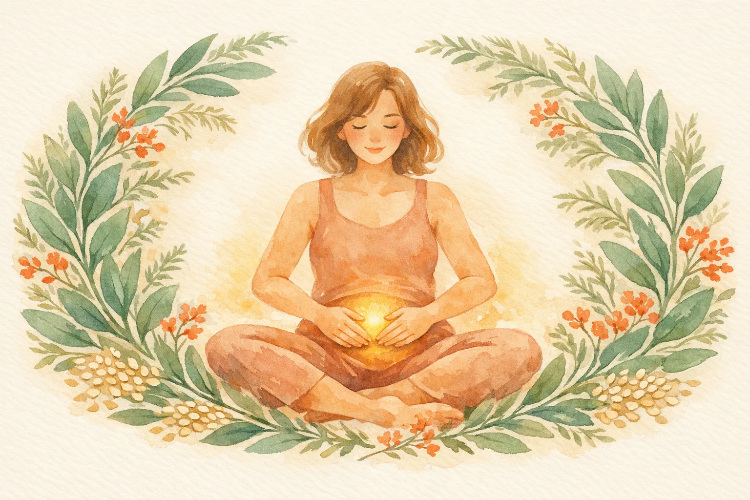 Botanical watercolor illustration of a woman gently resting her hands on her lower abdomen in a self-care massage pose surrounded by sage herbs and wildflowers representing daily maya abdominal self-massage practice