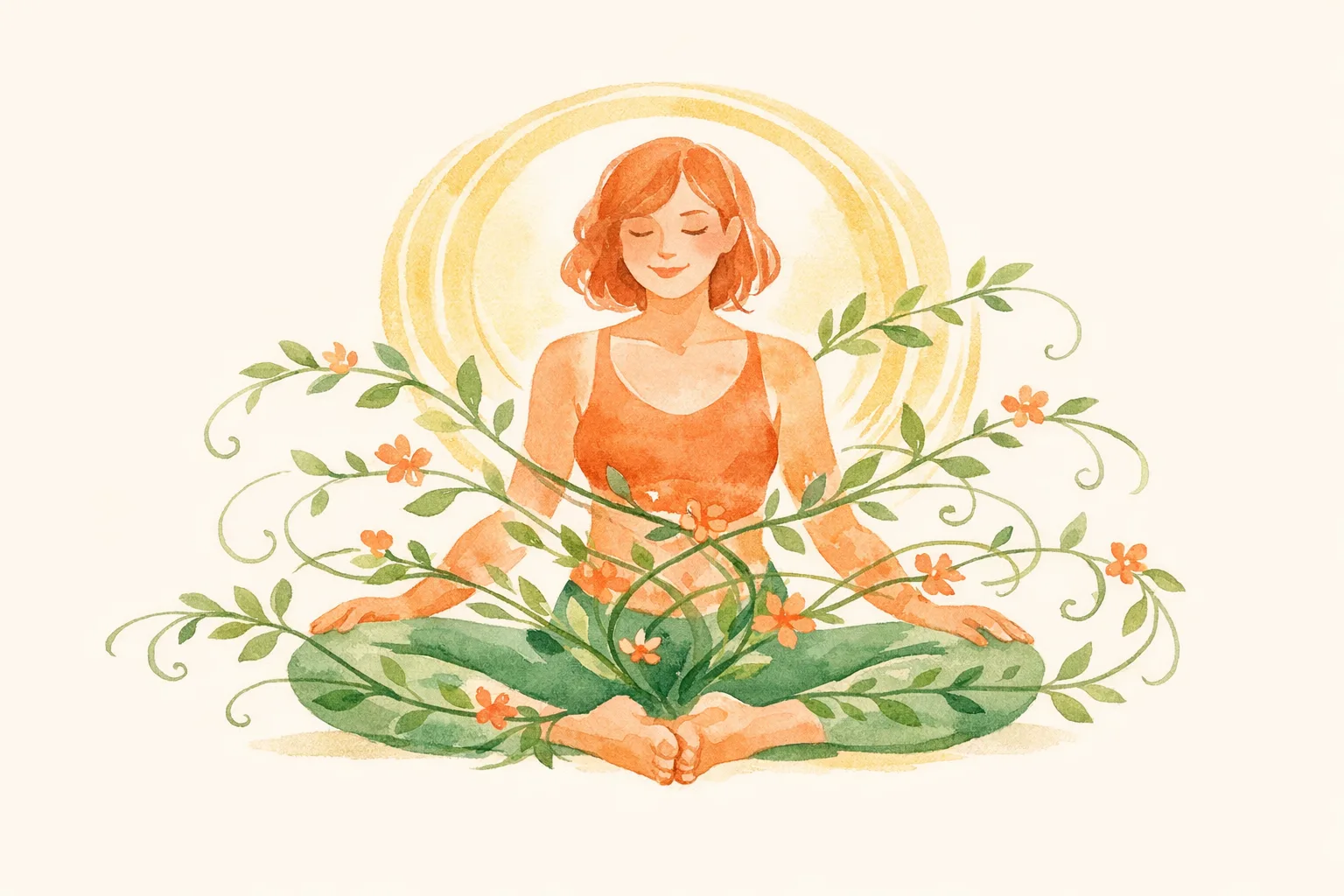 Botanical watercolor illustration of a woman in a gentle open hip yoga pose surrounded by flowing botanical vines and blossoms representing blood flow and restorative movement for fertility